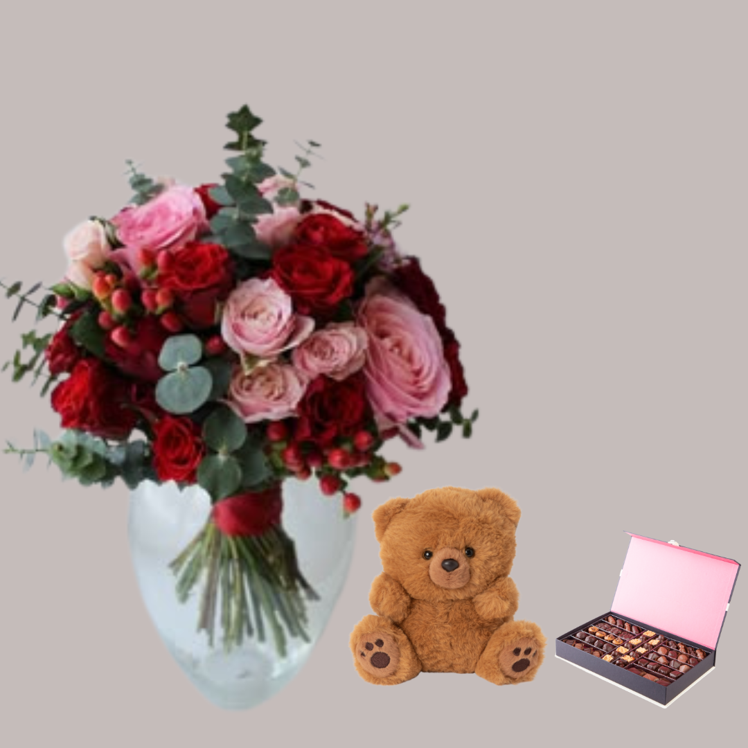 Soft Embrace with Teddy Bear and Chocolates