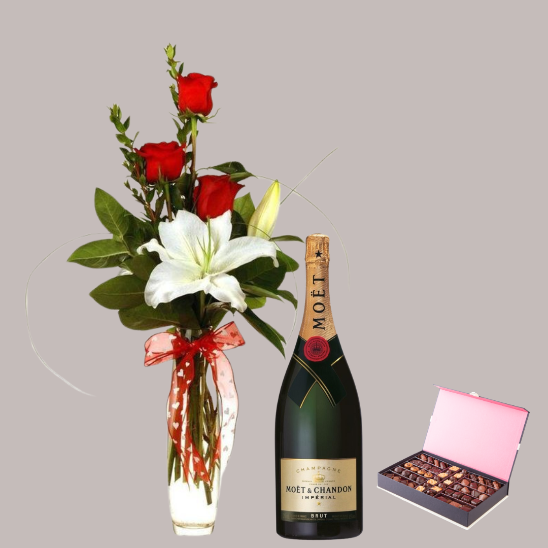Love & Passion- 3 red roses & lilies