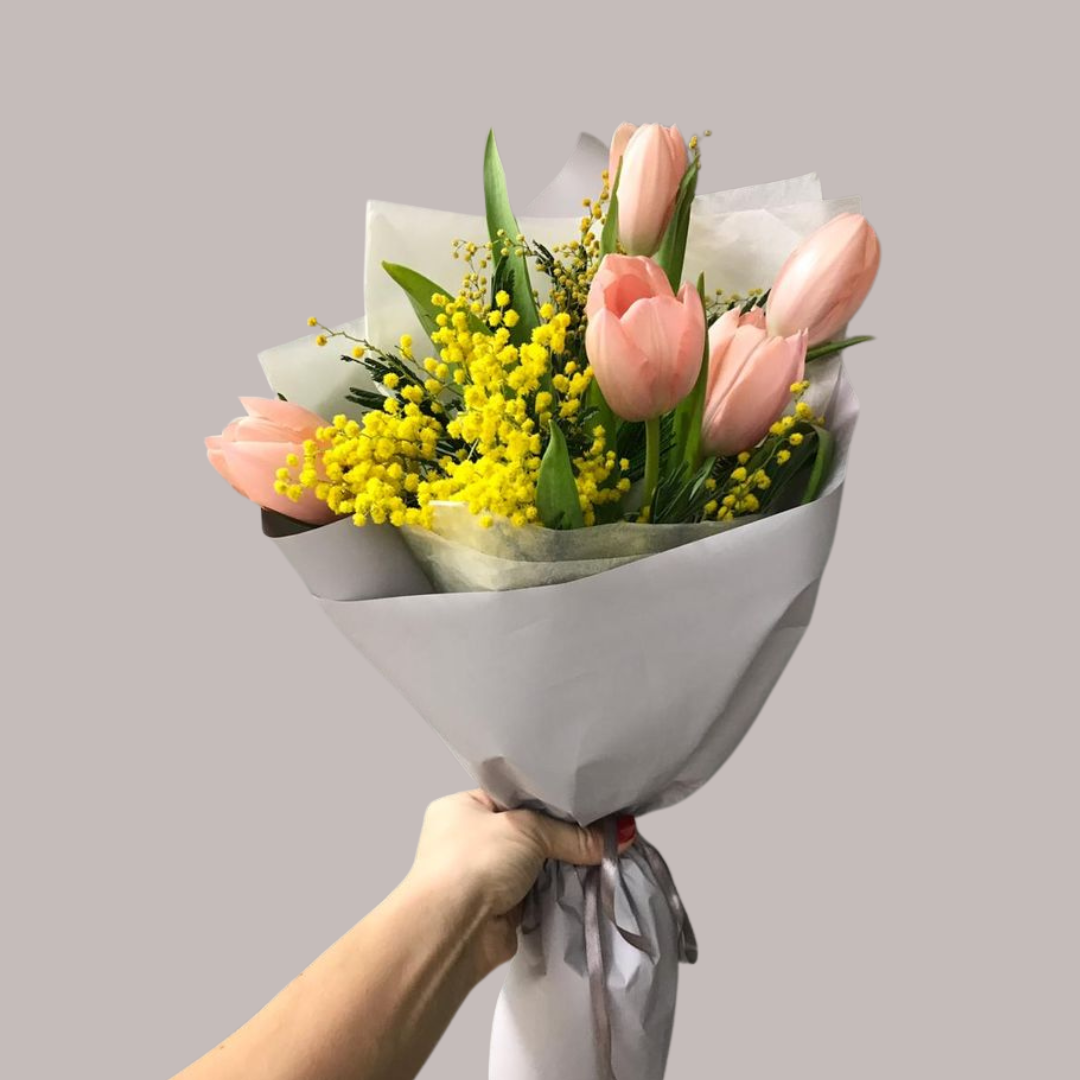 Pink Tulips and Mimosas Bouquet