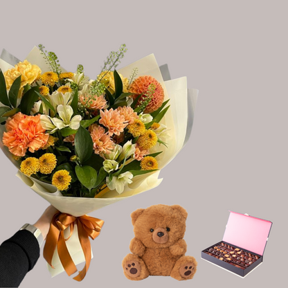Autumn Bliss Bouquet with Teddy Bear and Chocolates