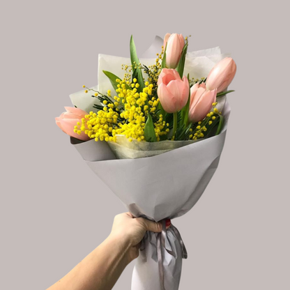 Pink Tulips and Mimosas Bouquet